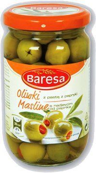 Оливки зелені фаршировані червоним перчиком Baresa Olive, 270 г.   0191 фото